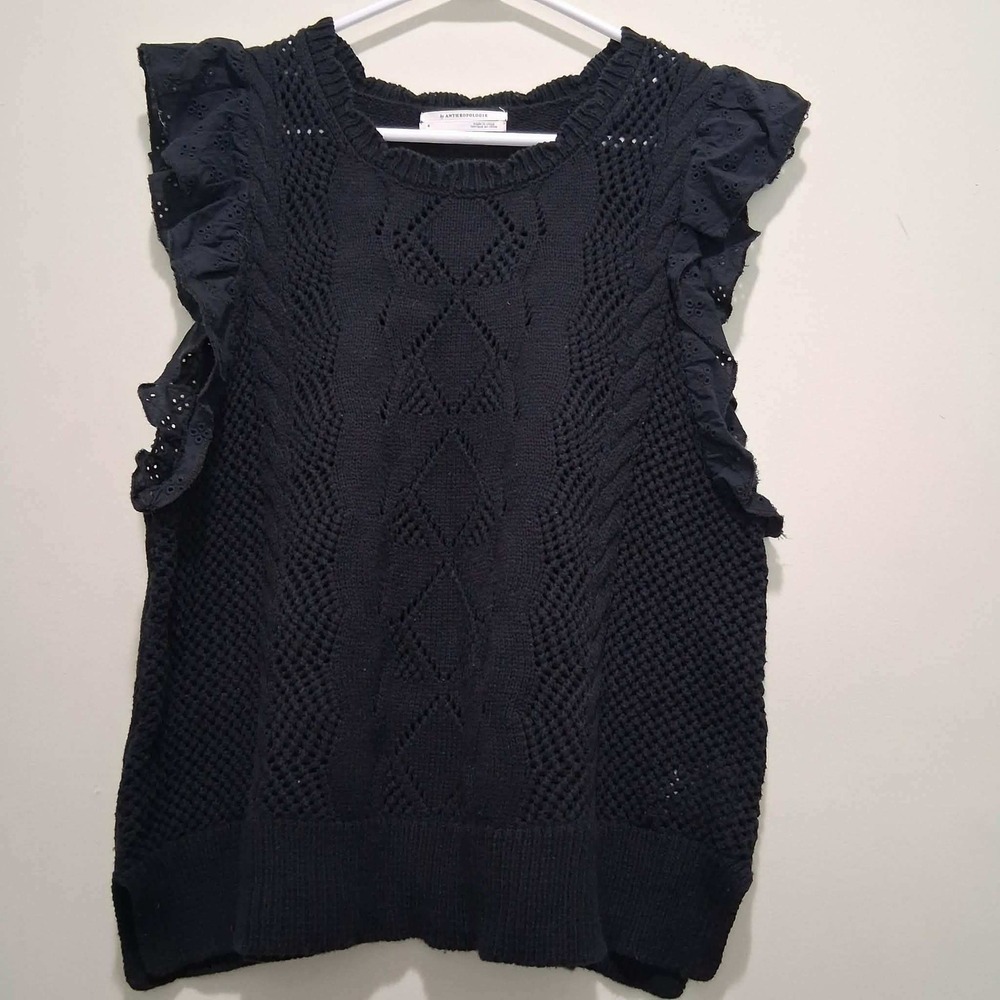 Anthropologie Black Eyelet Ruffle Cable Knit Sweater Vest Sleeveless‎ Top Small